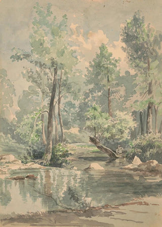 James Fuller Queen - A man sitting on a fallen tree at the edge of a shaded stream.webp
