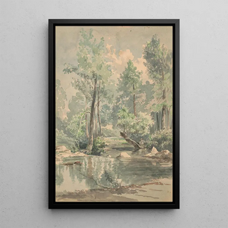 James Fuller Queen - A man sitting on a fallen tree at the edge of a shaded stream.webp