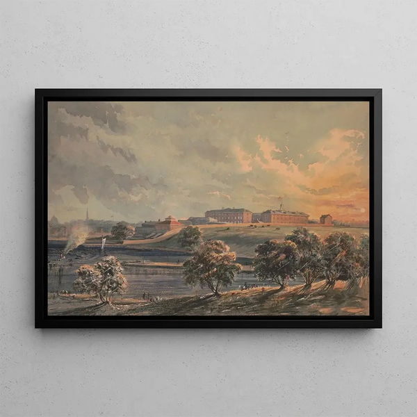 James Fuller Queen - Schuylkill Arsenal at sunset from across the Schuylkill River looking west.webp