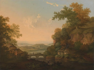 James Lambert of Lewes - A River Scene with Thatched Huts by a Bridge over a Weir.webp