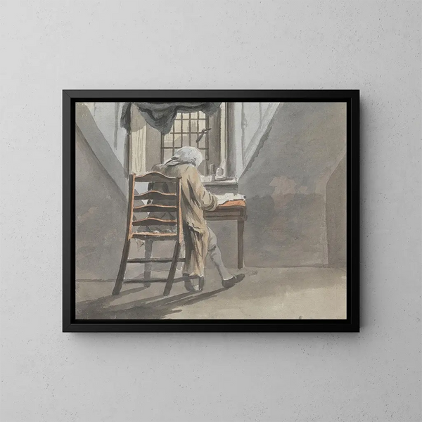 Rückansicht eines sitzenden Mannes auf einem Dachboden - James Miller — gerahmtes Bild an der Wand