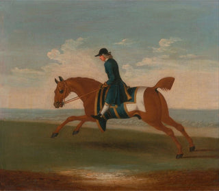 Eines der vier Pferdeporträts: ein roter Vollblüter, der von einem Trainer in einem blauen Mantel galoppiert - James Seymour — Ansicht des Kunstwerks
