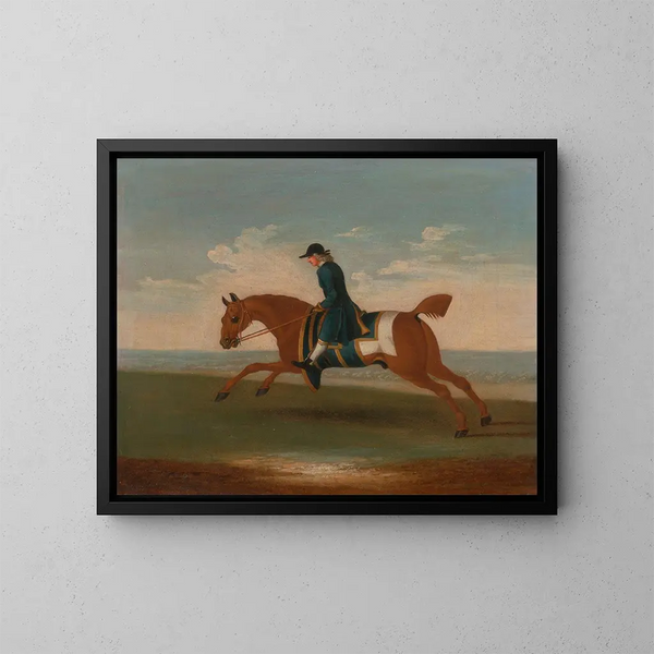 Eines der vier Pferdeporträts: ein roter Vollblüter, der von einem Trainer in einem blauen Mantel galoppiert - James Seymour — gerahmtes Bild an der Wand