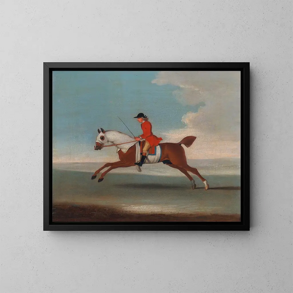 Eines der vier Pferdeporträts: ein roter Rennpferd, das von einem Trainer in einem roten Mantel galoppiert - James Seymour — gerahmtes Bild an der Wand