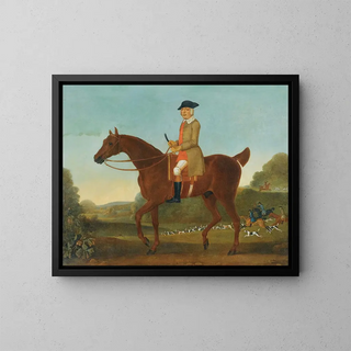 Portrait eines traditionellen Gentlemans, der als Fulwar, 4. Graf von Craven, auf seinem Jagdross identifiziert wird - James Seymour — gerahmtes Bild an der Wand