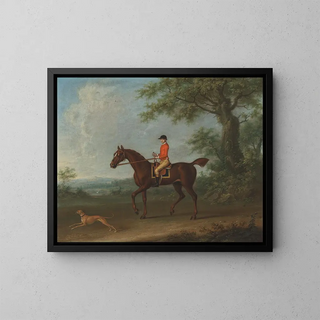 James Seymour - Sedbury with jockey up and a greyhound in an extensive wooded landscape with two country houses beyond.webp