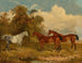 Zwei braune Pferde und ein graues Schecke in einem Feld mit Bäumen auf der linken Seite - James Walsham Baldock — Ansicht des Kunstwerks