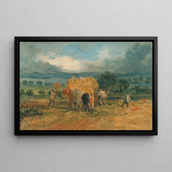 Ernteszene mit Arbeitern, die Heu auf einen Wagen laden - James Ward — gerahmtes Bild an der Wand