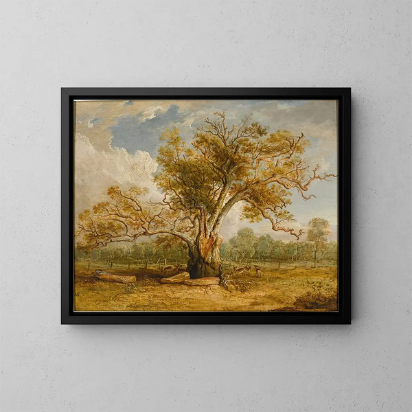 Ein Eichenbaum im Richmond-Park mit einer Hirschherde an seiner Seite - James Ward — gerahmtes Bild an der Wand