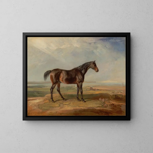 Ein brauner Rennpferd am Meer mit einer Mündung im Hintergrund - James Ward — gerahmtes Bild an der Wand