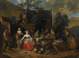 Jan Baptist Lambrechts - An Elegant Company In A Landscape Amongst Different Fruits And Vegetables A Woman With A Wheelbarrow Entering From The Right.webp