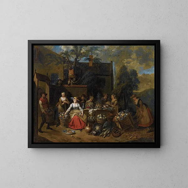 Eine elegante Gesellschaft in einer Landschaft mit verschiedenen Früchten und Gemüse, eine Frau mit einem Bollerwagen, die von rechts kommt - Jan Baptist Lambrechts — gerahmtes Bild an der Wand