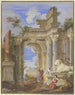 In den Ruinen der römischen Architektur errichten die drei Parzen einen Löwen aus Marmor - Jan Baptist Weenix — Ansicht des Kunstwerks