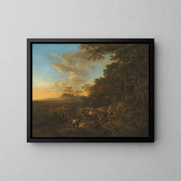 Ein bewaldetes Landschaft mit Reisenden, die einen Bach durchqueren - Jan Both — gerahmtes Bild an der Wand