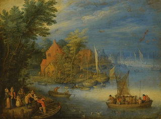 Eine Stadt am Ufer eines breiten Flusses mit einer stark beladenen Fähre, die sich dem Ufer im Vordergrund nähert - Jan Brueghel der Jüngere — Ansicht des Kunstwerks