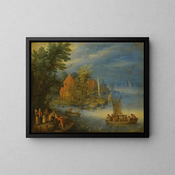 Eine Stadt am Ufer eines breiten Flusses mit einer stark beladenen Fähre, die sich dem Ufer im Vordergrund nähert - Jan Brueghel der Jüngere — gerahmtes Bild an der Wand