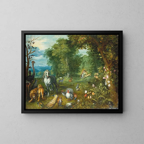 Das Paradies mit der Schöpfung Evas - Jan Brueghel der Jüngere — gerahmtes Bild an der Wand