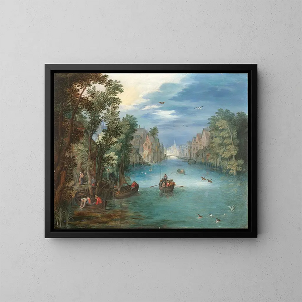 Flusslandschaft mit lebhaften Figuren - Jan Brueghel der Jüngere — gerahmtes Bild an der Wand