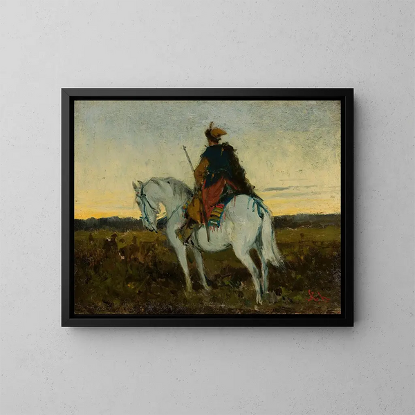 Cavalier oriental sur un cheval blanc - Jan Chełmiński — gerahmtes Bild an der Wand