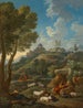 Klassisches italienisches Landschaftsgemälde mit einem Hirten und seinem Herd, weiteren Figuren und einer Stadt auf einem Hügel im Hintergrund - Jan Frans van Bloemen — Ansicht des Kunstwerks