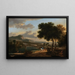 Ein weites Landschaft mit Reisenden, Fischern und Viehhirten auf einem Weg mit einer römischen Brücke im Hintergrund - Jan Hackaert — gerahmtes Bild an der Wand