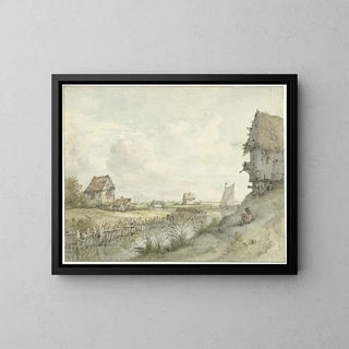 Jan Hulswit - Rivierlandschap met schetsende tekenaar tussen hutjes.webp
