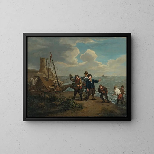 Ein Händler, der Spirituosen an Fischer entlang einer windigen Küste verkauft - Jan Josef Horemans der Jüngere — gerahmtes Bild an der Wand