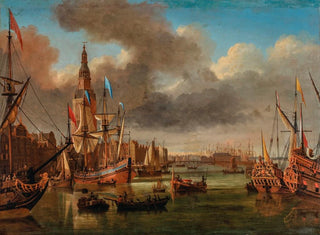Ansicht des IJ in Amsterdam mit dem Haringpakkerstoren und der Nieuwe Stadsherberg in der Ferne - Jan Karel Donatus van Beecq — Ansicht des Kunstwerks