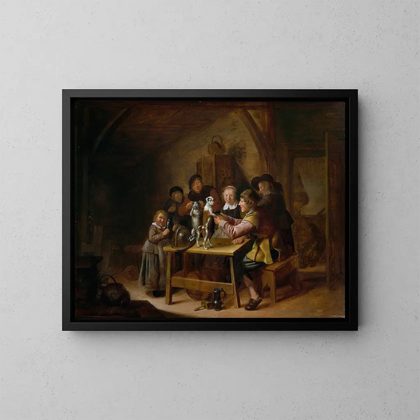 der Bauern, die einem Katze und einem Hund das Tanzen beibringen - Jan Miense Molenaer — gerahmtes Bild an der Wand