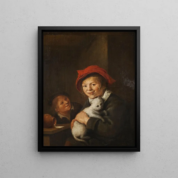 Zwei Jungen, die mit einer Katze spielen - Jan Miense Molenaer — gerahmtes Bild an der Wand