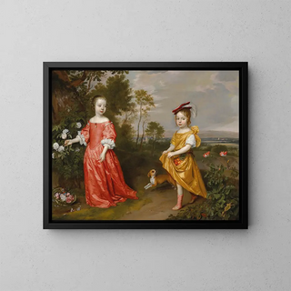 Jan Mijtens - Double portrait of two children in a landscape a dog at their side.webp