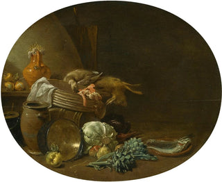 Küchenstillleben mit einem Hasen, einer Ente, Artischocken, Kohl, Birnen, einem Fisch auf einem Terrakottateller und Töpfen - Jan Olis — Ansicht des Kunstwerks
