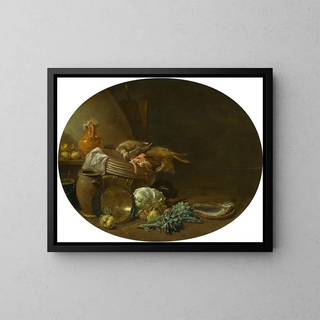 Küchenstillleben mit einem Hasen, einer Ente, Artischocken, Kohl, Birnen, einem Fisch auf einem Terrakottateller und Töpfen - Jan Olis — gerahmtes Bild an der Wand
