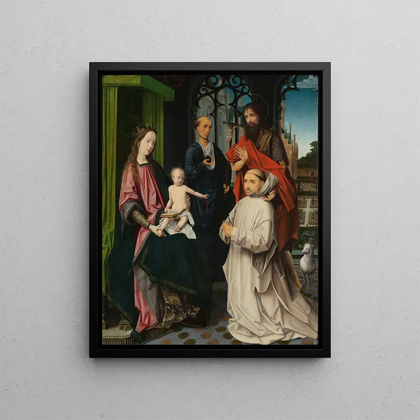 Jungfrau mit Kind in Majestät mit den Heiligen Hieronymus und Johannes dem Täufer und einem Kartäuser-Mönch - Jan Provoost — gerahmtes Bild an der Wand