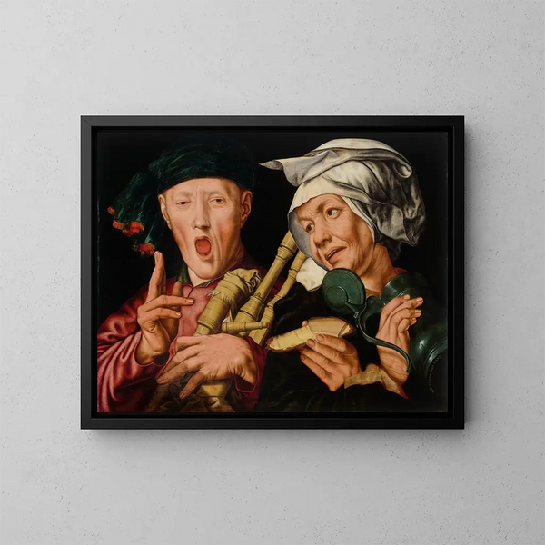 Der Dudelsackspieler und die fröhliche Frau - Jan Sanders van Hemessen — gerahmtes Bild an der Wand