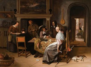 Eine elegante Gesellschaft in einem Interieur mit Figuren, die Karten an einem Tisch spielen - Jan Steen — Ansicht des Kunstwerks
