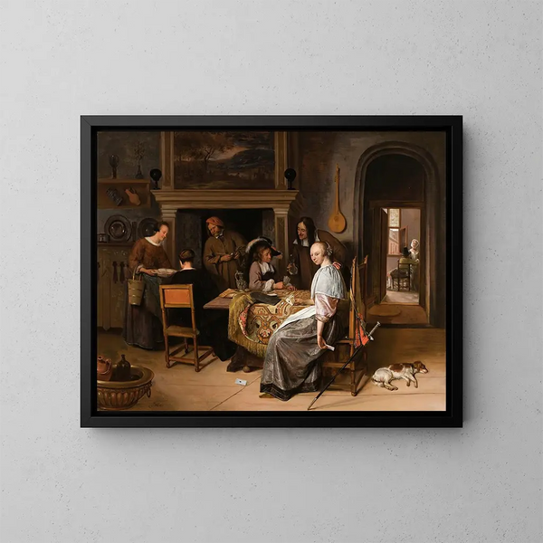 Eine elegante Gesellschaft in einem Interieur mit Figuren, die Karten an einem Tisch spielen - Jan Steen — gerahmtes Bild an der Wand