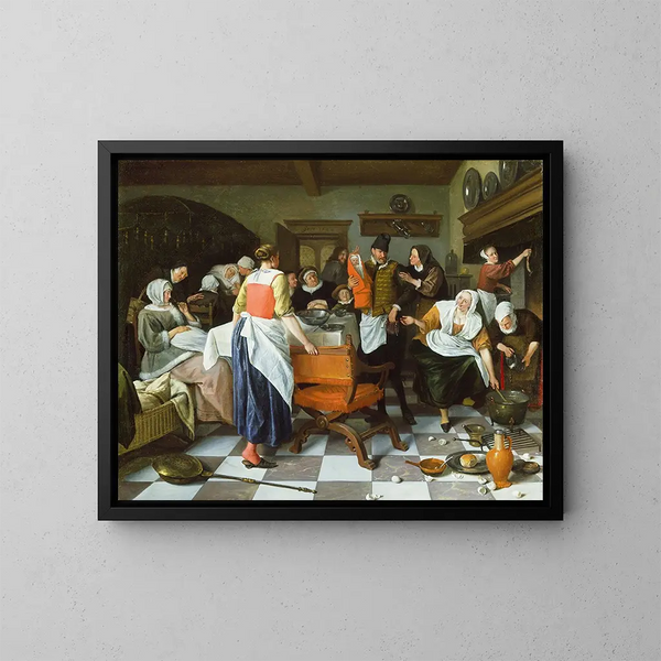Feier der Geburt - Jan Steen — gerahmtes Bild an der Wand