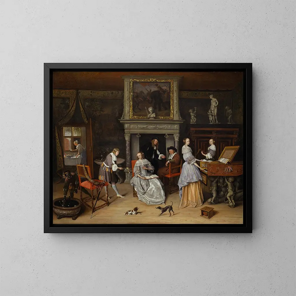 Fantastisches Innenraum-Gemälde mit Jan Steen und der Familie von Gerrit Schouten - Jan Steen — gerahmtes Bild an der Wand