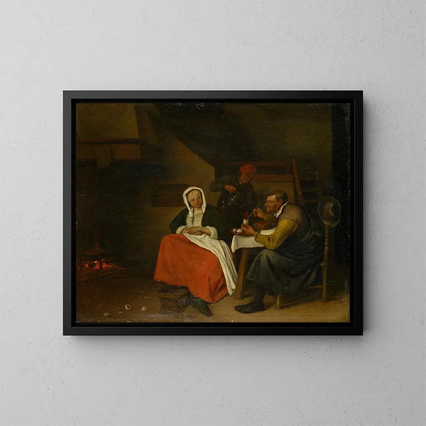 Bauern-Gemälde, das Eier isst - Jan Steen — gerahmtes Bild an der Wand