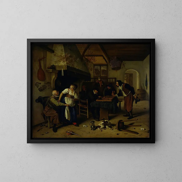 Inneneinrichtung eines Gasthauses mit einem alten Mann, der sich mit der Wirtin amüsiert, und zwei Männern, die Backgammon spielen, bekannt als Zwei Arten von Spielen - Jan Steen — gerahmtes Bild an der Wand