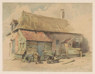 Jan Striening - Boerenhuis met houten aanbouw ervoor een kruiwagen en een slijpsteen.webp