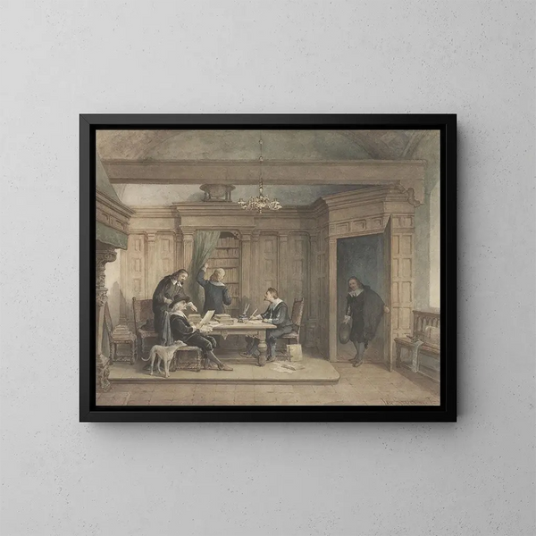 Fünf Männer in einem Interieur - Jan Striening — gerahmtes Bild an der Wand