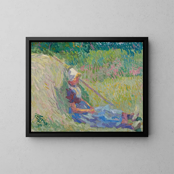 Mädchen, das gegen einen Heuhaufen lehnt - Jan Toorop — gerahmtes Bild an der Wand