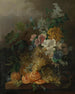 Eine Stillleben mit Blumen, Pfirsichen, Trauben und einer geschälten Orange, die alle auf einem Tisch ruhen - Jan van der Waarden — Ansicht des Kunstwerks