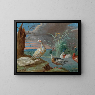 Jan Van Kessel The Elder - Ducks and other birds near a pond.webp