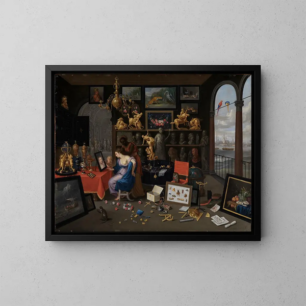 Eine Wunderkammer mit Venus bei ihrer Toilette - Jan van Kessel der Ältere — gerahmtes Bild an der Wand