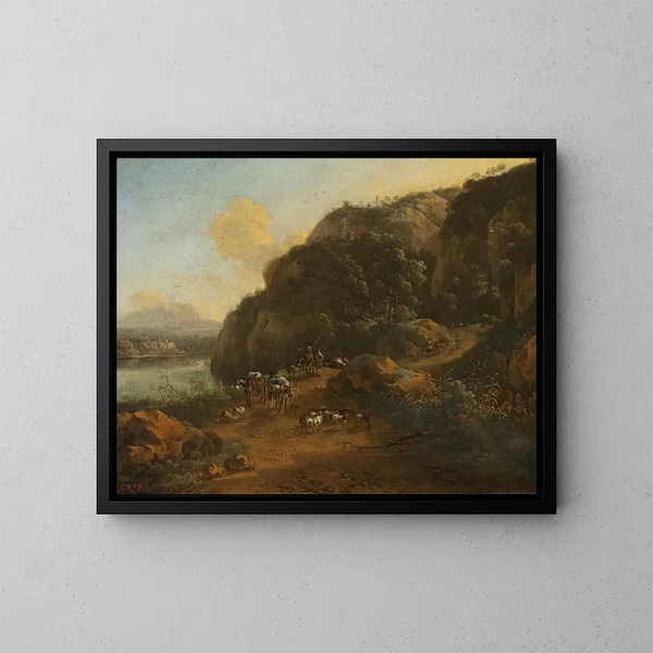 Landschaft mit Bergpanorama und Reisenden - Jan Vermeer van Haarlem l'Ancien — gerahmtes Bild an der Wand