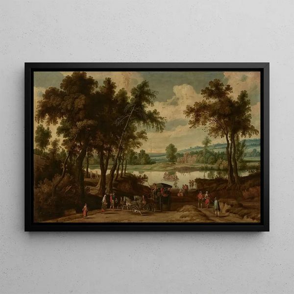 Flusslandschaft mit einer Kutsche, die Passagiere transportiert, und einem Fährboot, das überquert - Jan Wildens — gerahmtes Bild an der Wand
