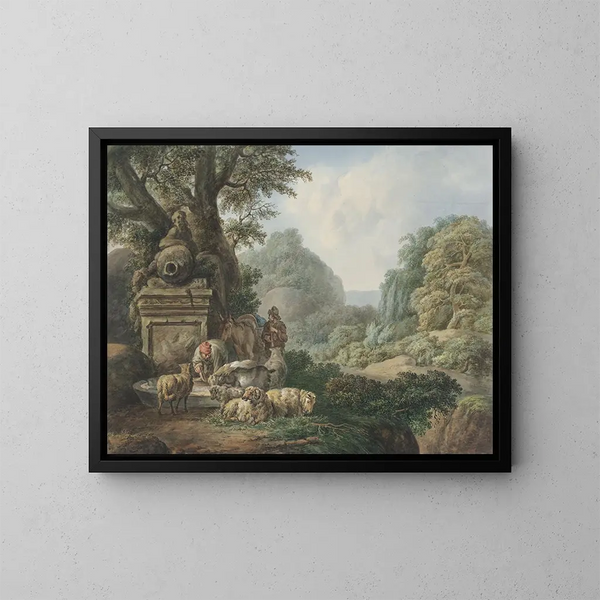 Landschafts-Gemälde mit Hirten in der Nähe eines Wasserlochs - Jan Willem Pieneman — gerahmtes Bild an der Wand